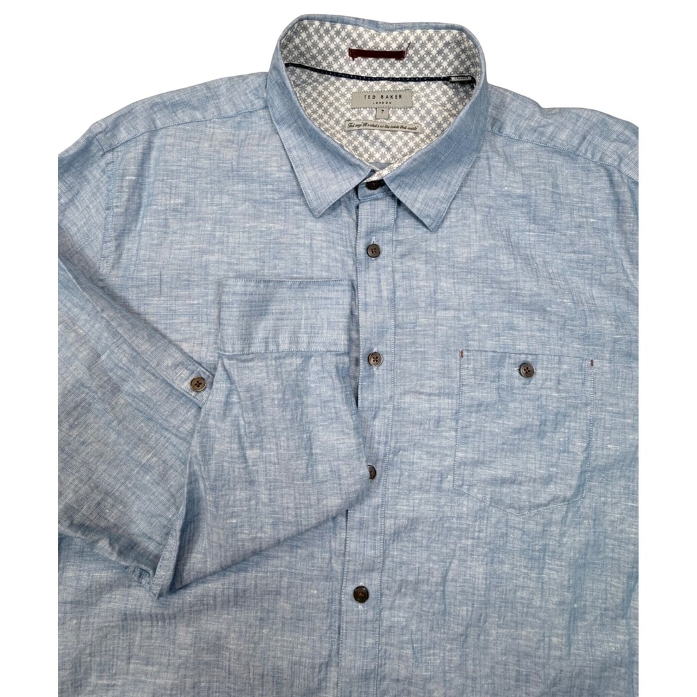 Ted Baker Button Front Mens 7 Light Blue Linen Cotton Roll Tab Sleeve Shirt Cuff